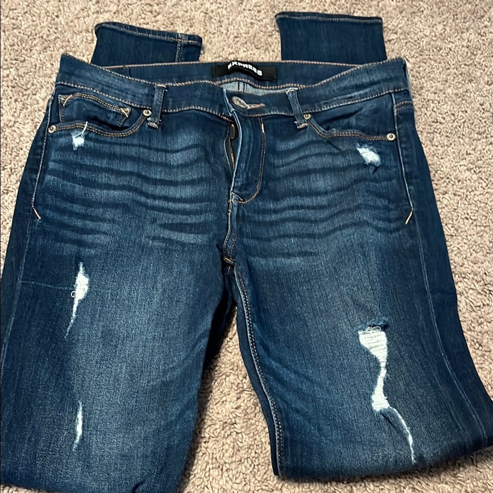 Express Blue Skinny Jeans with Distressed Detailing